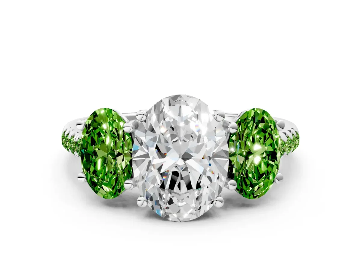 Three-Stone Oval Cut Diamond Ring with Round Peridot Pavé Band and Prong Setting Silver