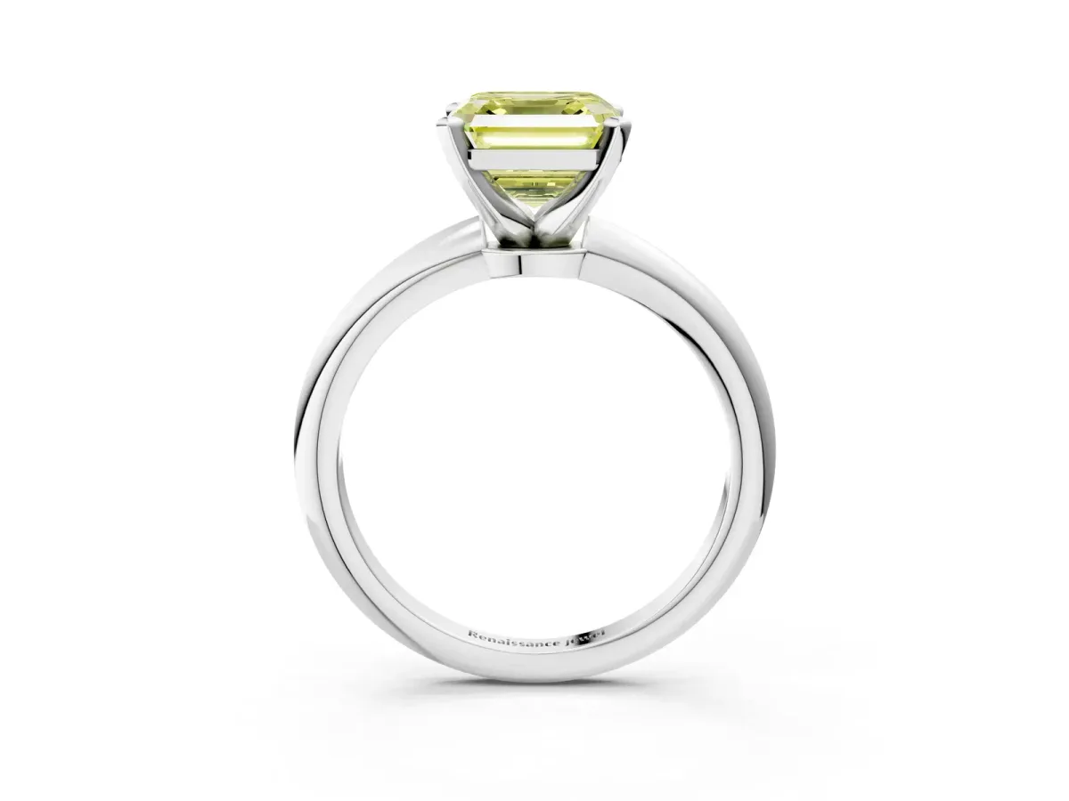 Fancy Yellow Asscher Cut Diamond Solitaire Ring with Six-Prong Setting and Classic Band Silver