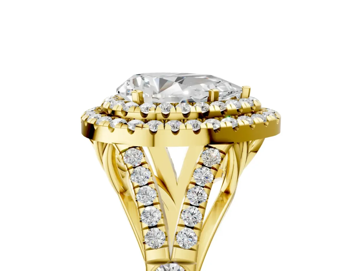 Pear Cut Diamond Double Halo Ring with Split Shank and Prong Setting Yellow gold