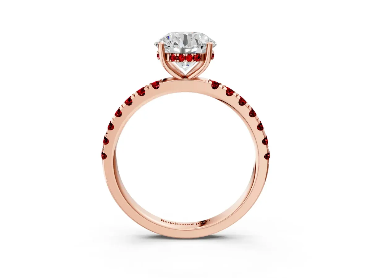 Round Cut Diamond Pave Band Solitaire Ring with Round Ruby and Prong Setting Rose gold