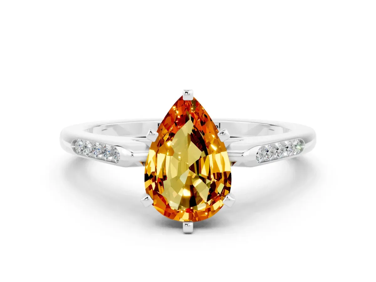 Pear Cut Citrine Solitaire Ring with Channel Set Round Band and Prong Setting Silver