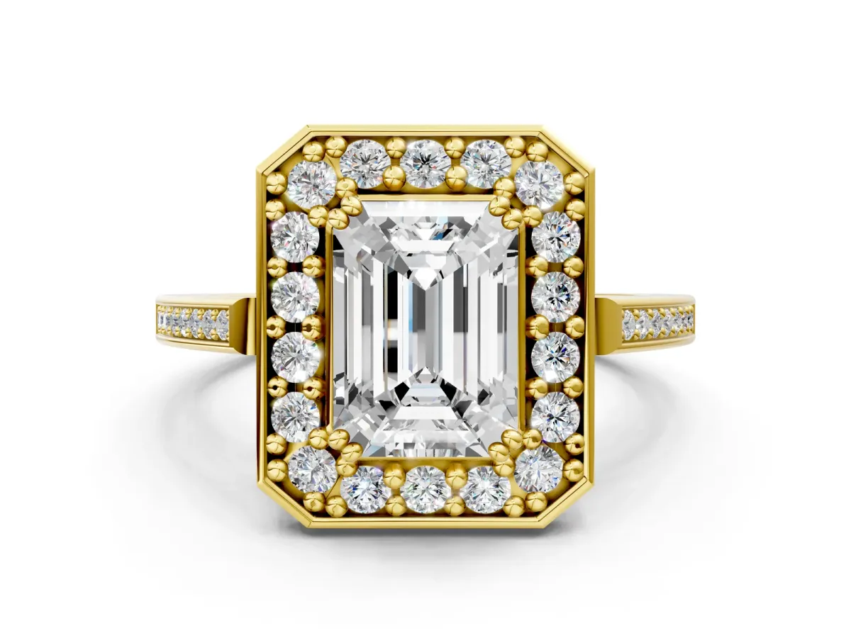 Emerald Cut Diamond Halo Ring with Split Shank and Four-Prong Setting Yellow gold