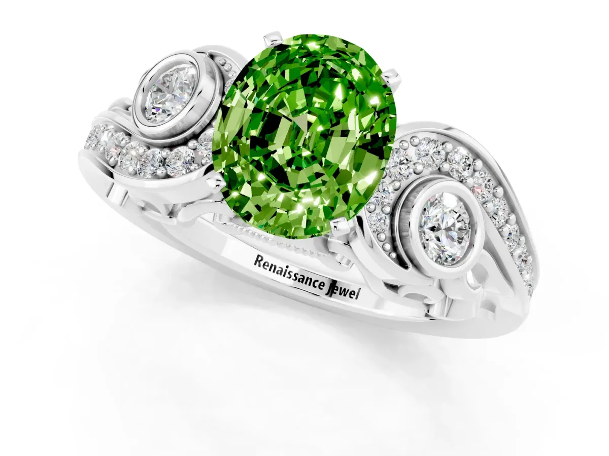 Oval Cut Peridot Solitaire Ring with Milgrain Pavé Band and Four-Prong Setting Silver