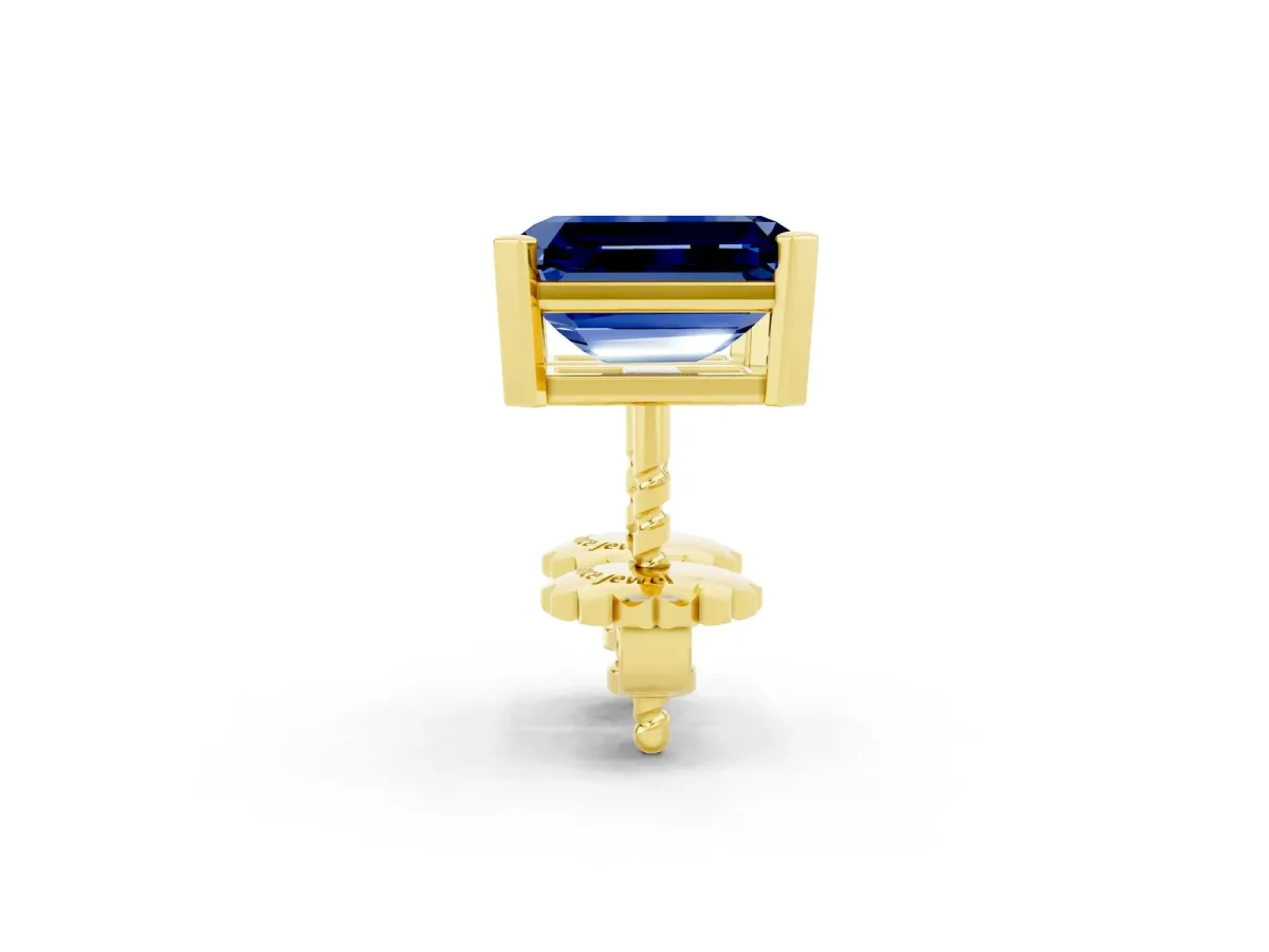 Emerald Cut Blue Sapphire Stud Earrings Yellow gold