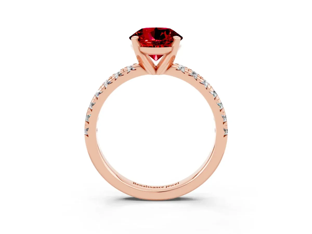 Round Cut Ruby Solitaire Pavé Engagement Ring with Round Band and Prong Setting Rose gold