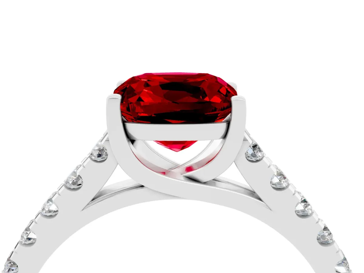Cushion Cut Ruby Pavé Band Solitaire Ring with Prong Setting Platinum