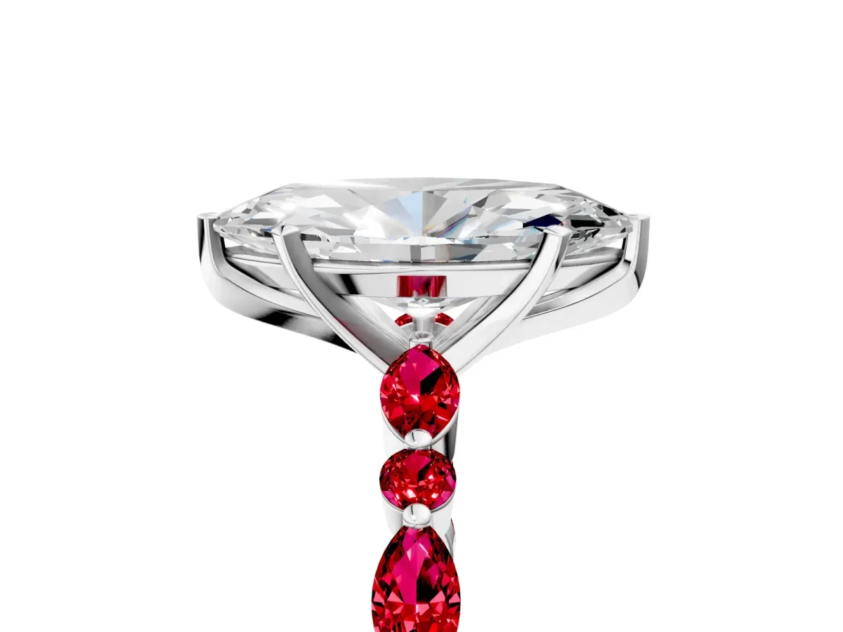 Marquise Cut Diamond Ring with Marquise and Round Ruby Side Stones and Four-Prong Setting Silver