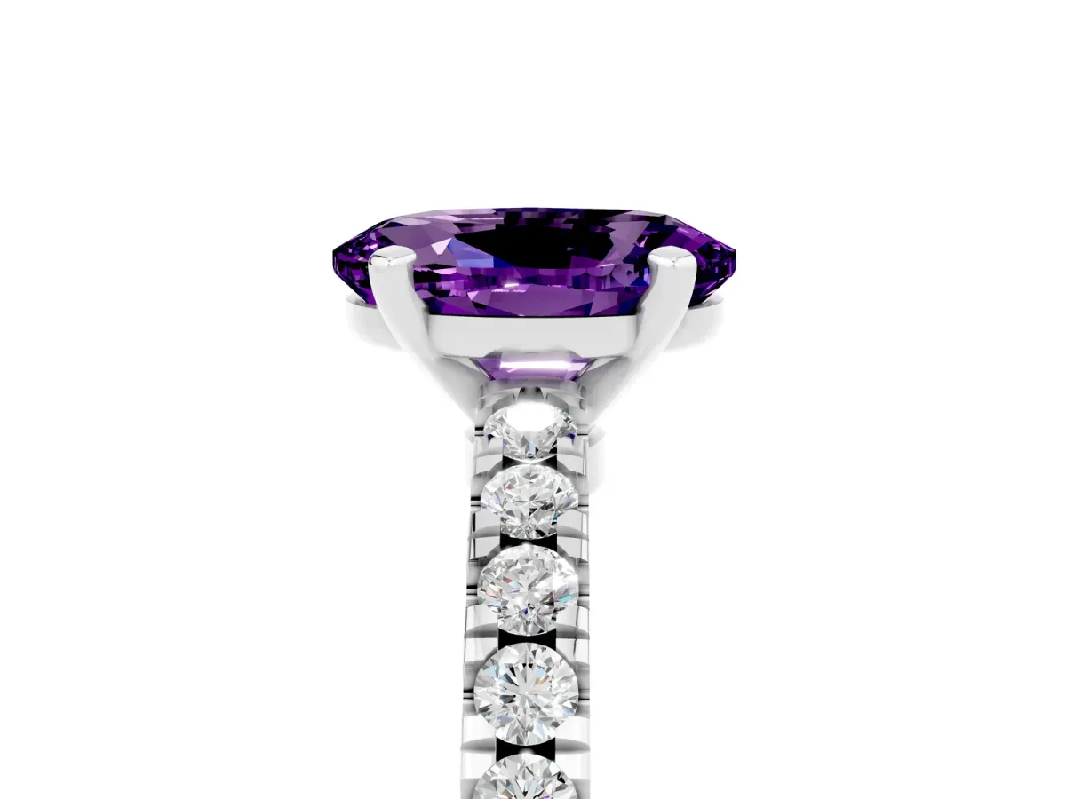 Oval Cut Solitaire Amethyst with Pavé Band and Four-Prong Setting Platinum