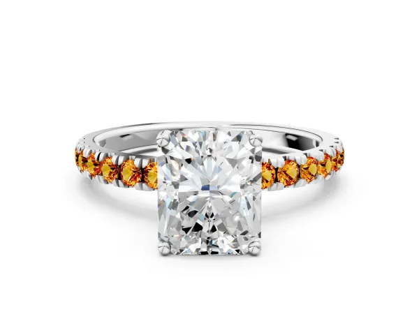 Radiant Cut Diamond Pave Band Solitaire Ring with Round Citrine and Prong Setting Platinum