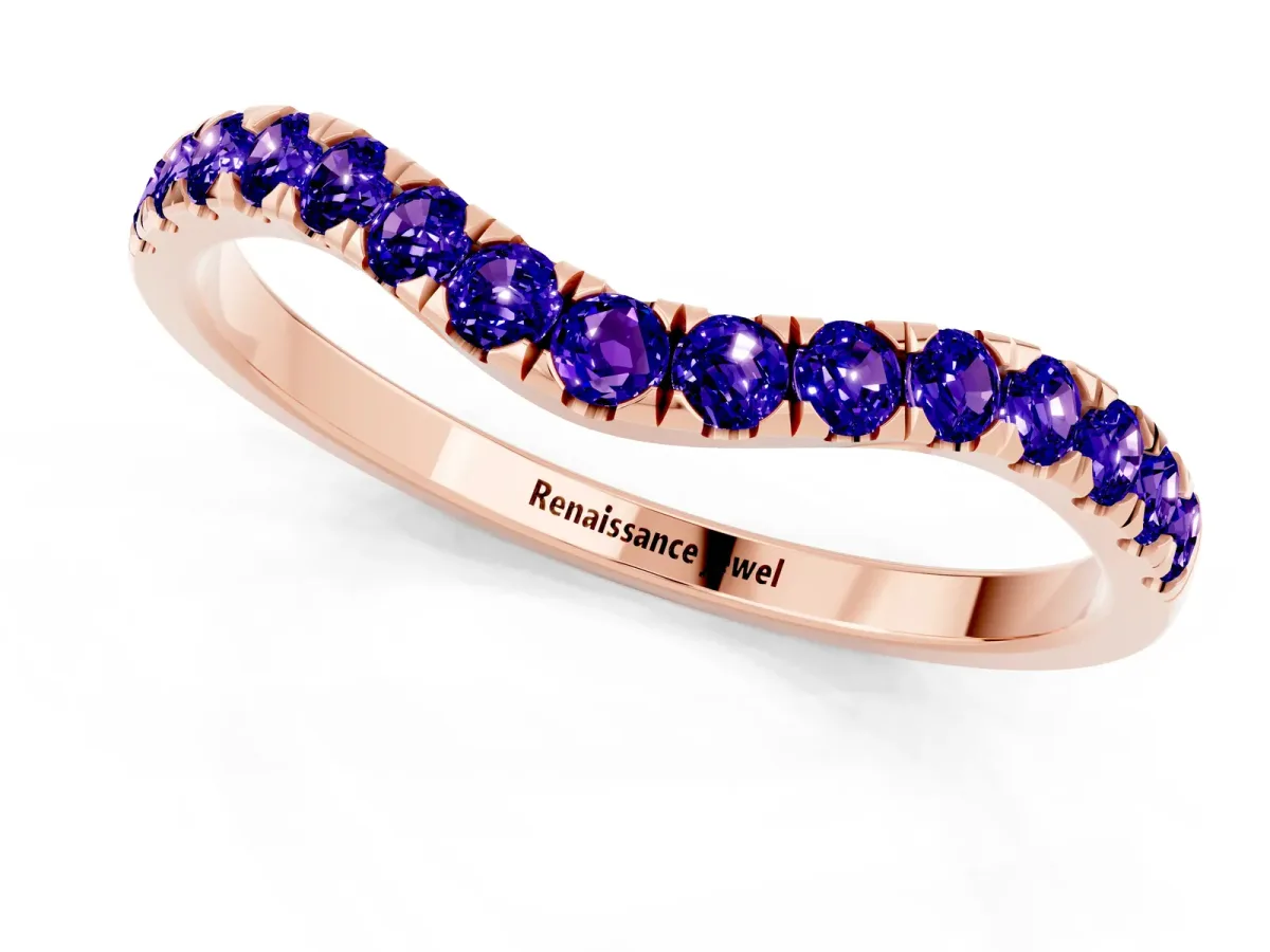 Curved Pavé Round Tanzanite Wedding Band with Shared Prong Setting Rose gold