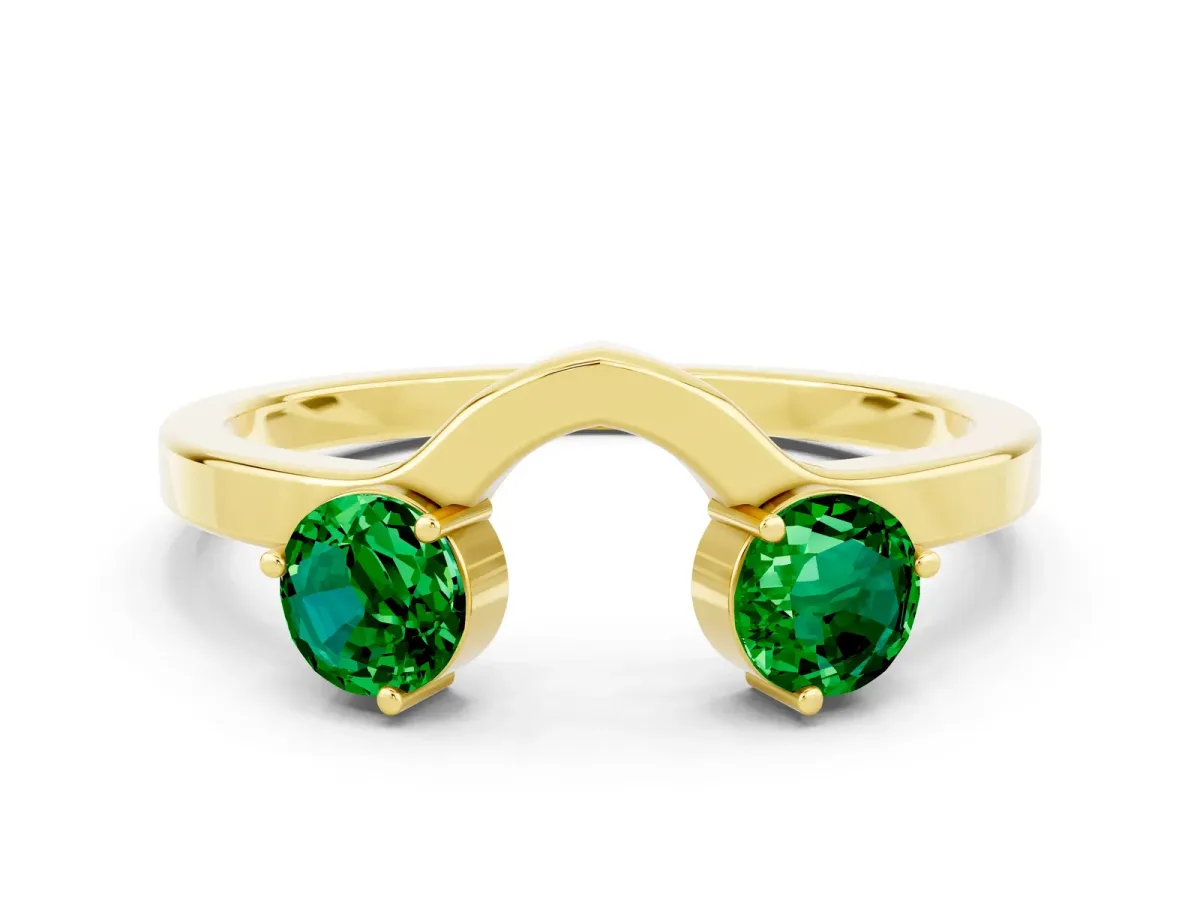 Dual Round Emerald Open Band Ring with Prong Setting Yellow gold