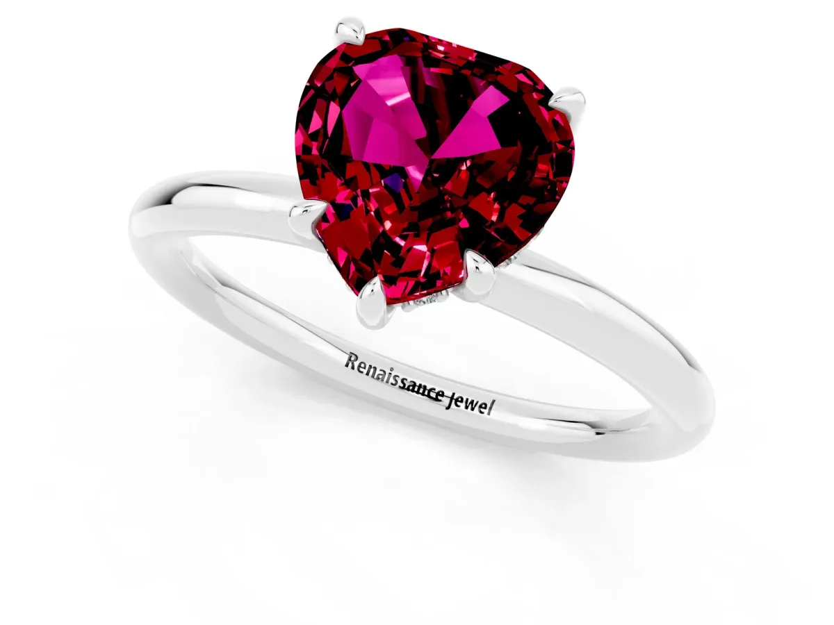 Heart Cut Garnet Solitaire Ring with Thin Band and Four-Prong Setting White gold