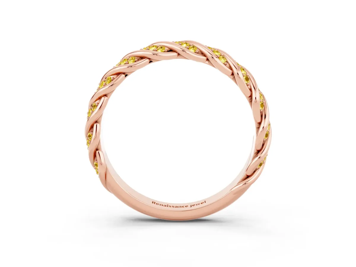 Twisted Pavé Round Yellow Sapphire Eternity Band with Shared Prong Setting Rose gold
