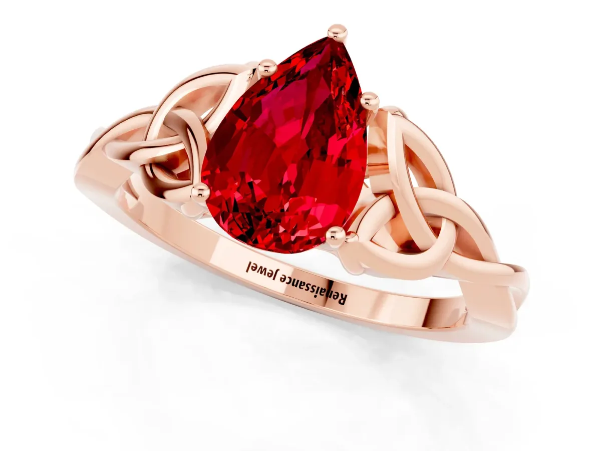 Pear Cut Ruby Solitaire Celtic Knot Ring with Four-Prong Setting Rose gold