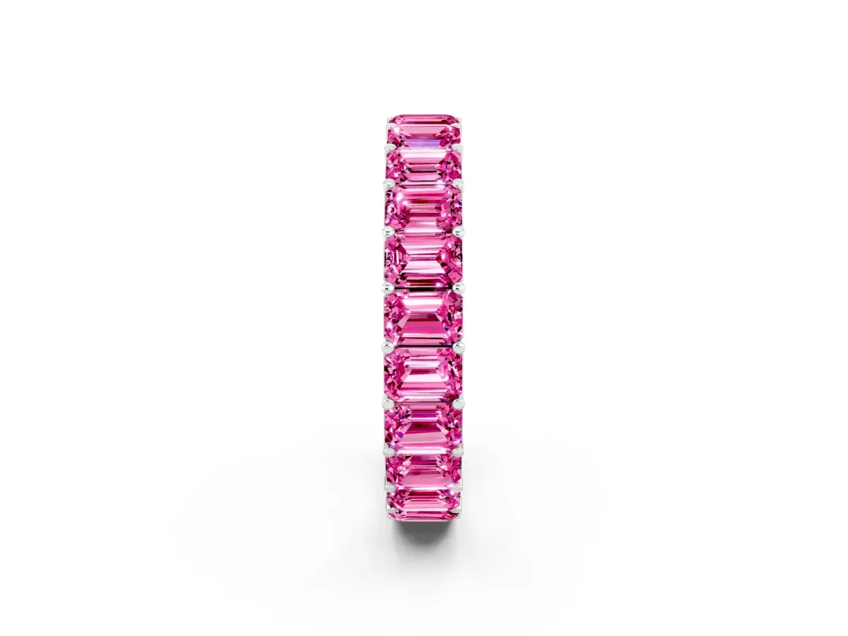 Emerald Cut Pink Sapphire Eternity Band with Shared Prong Setting Platinum