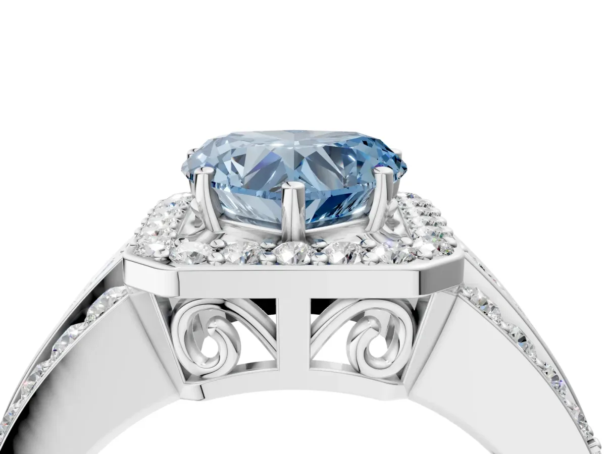 Fancy Blue Heart Cut Halo Diamond Ring with Round Split Shank and Prong Setting Platinum
