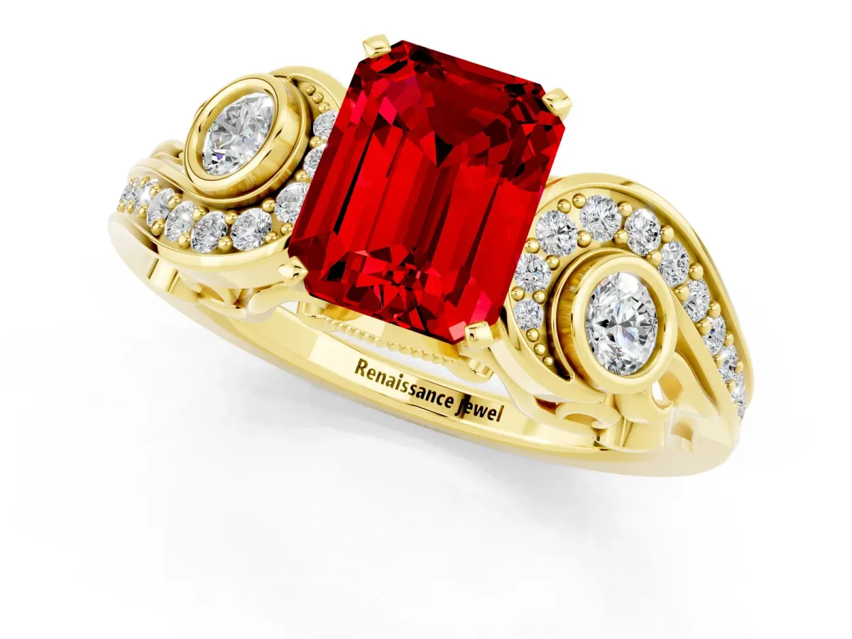 Emerald Cut Ruby Solitaire Ring with Milgrain Pavé Band and Four-Prong Setting Yellow gold