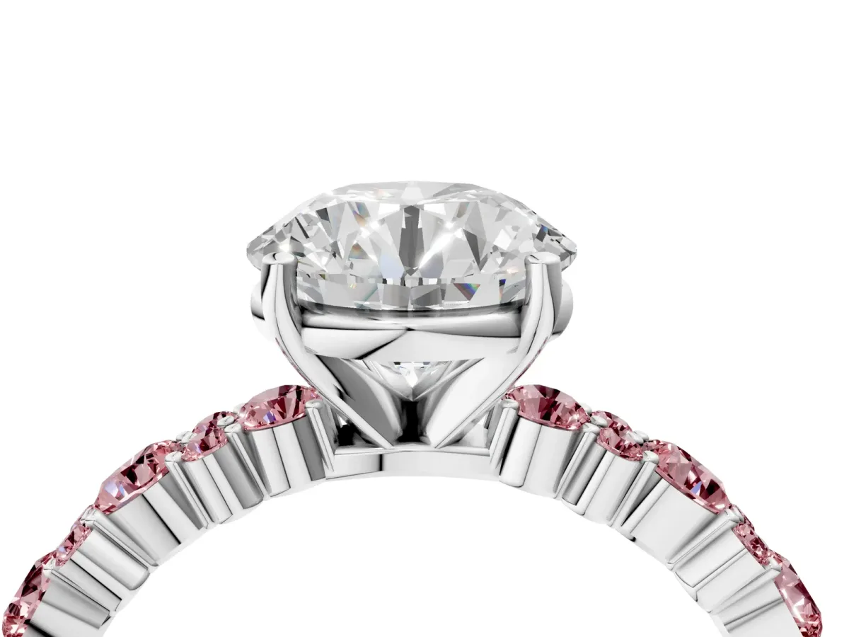 Round Cut Diamond Side Stone Solitaire Ring with Round Morganite and Four-Prong Setting Silver