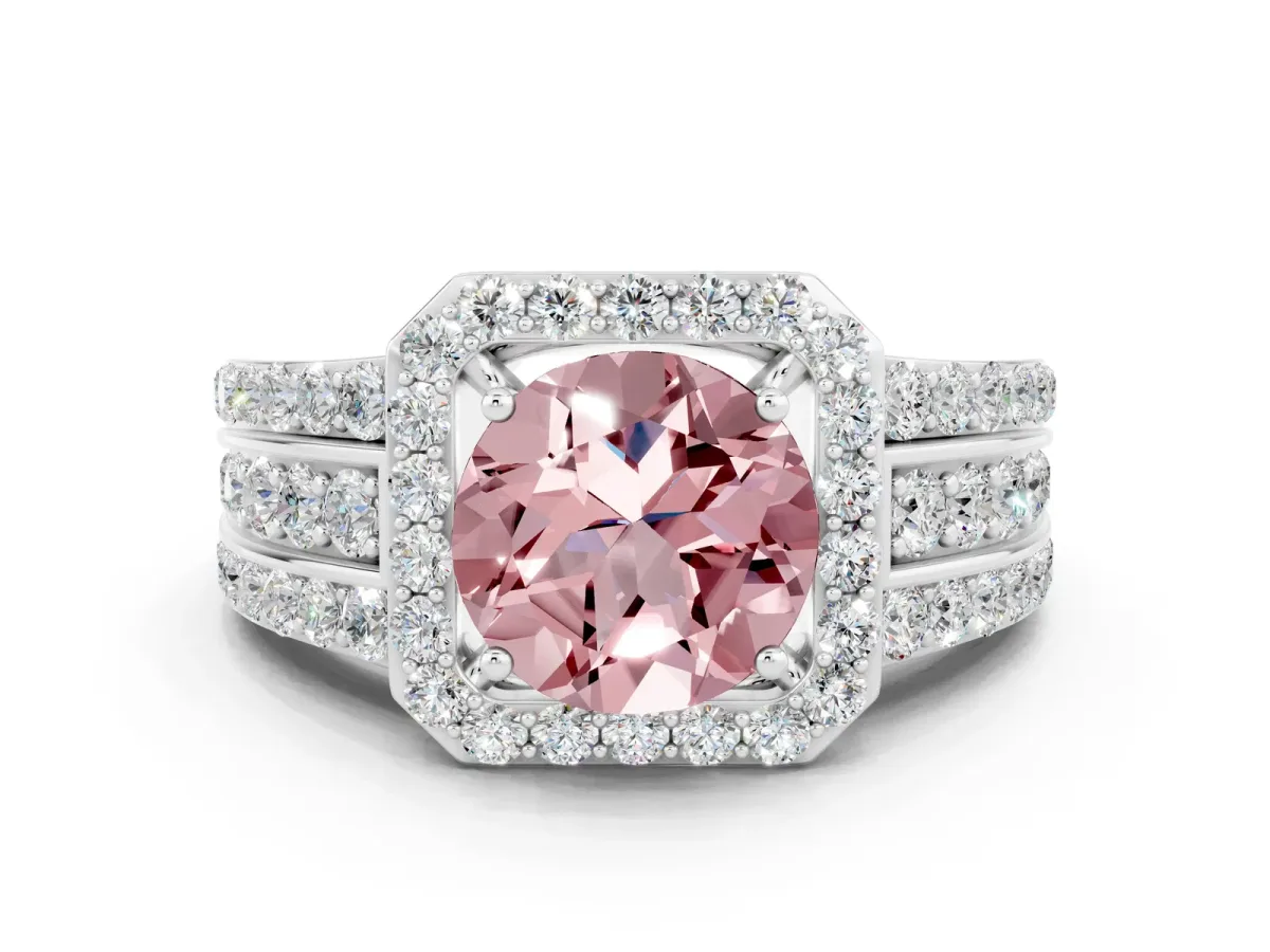 Round Cut Halo Morganite Ring with Round Split Shank and Prong Setting Platinum