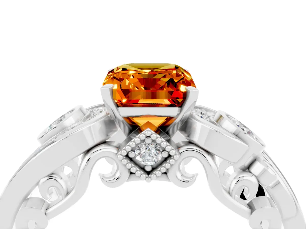 Emerald Cut Citrine Solitaire Ring with Milgrain Pavé Band and Four-Prong Setting Platinum