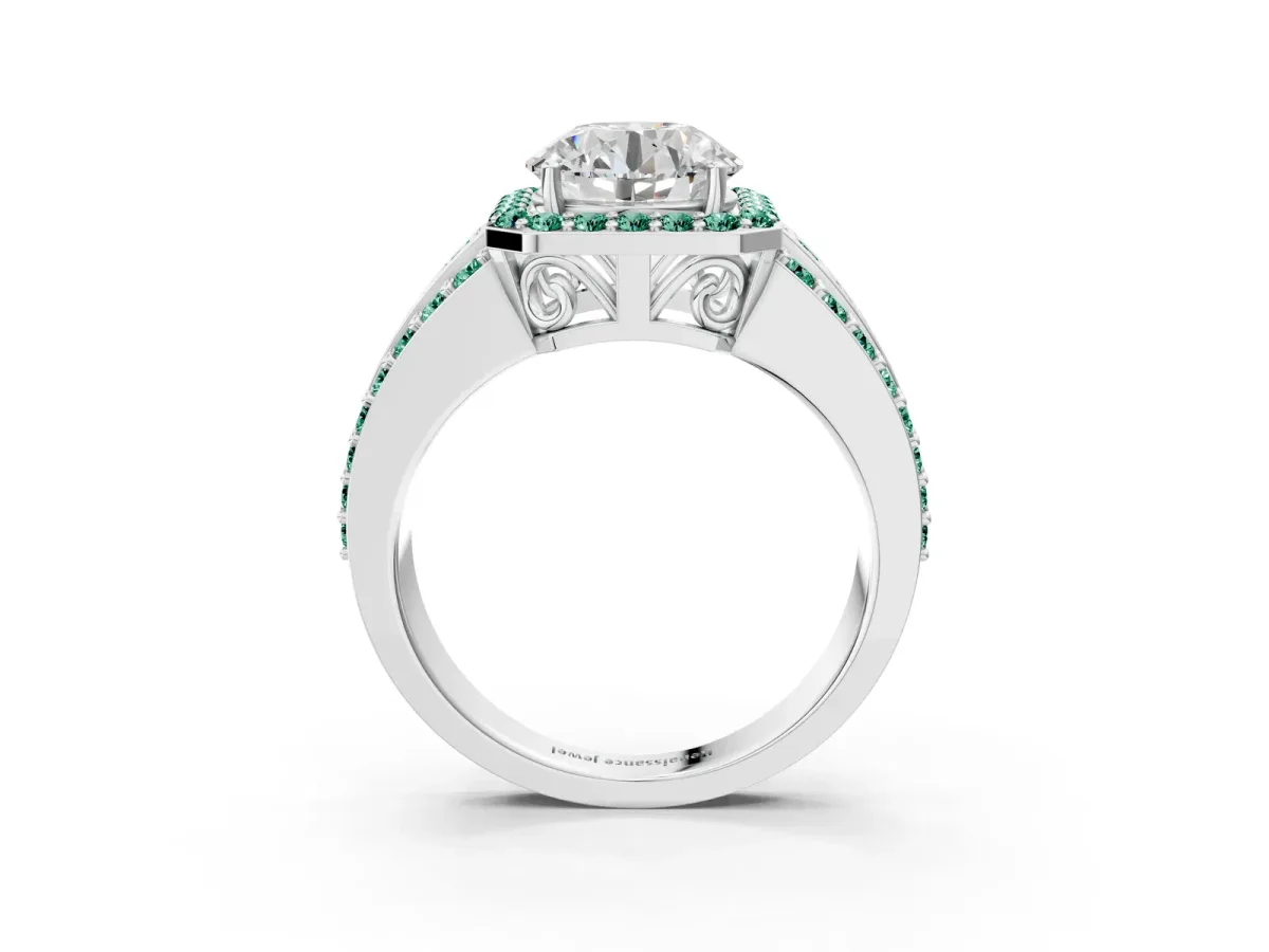 Round Cut Halo Diamond Ring with Round Green Sapphire Split Shank and Prong Setting Silver