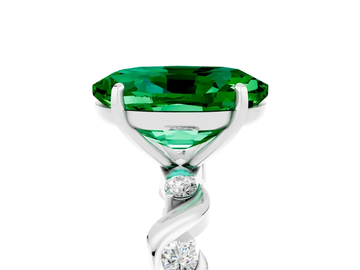 Oval Cut Emerald Solitaire Twisted Band with Round Accents and Prong Setting Silver