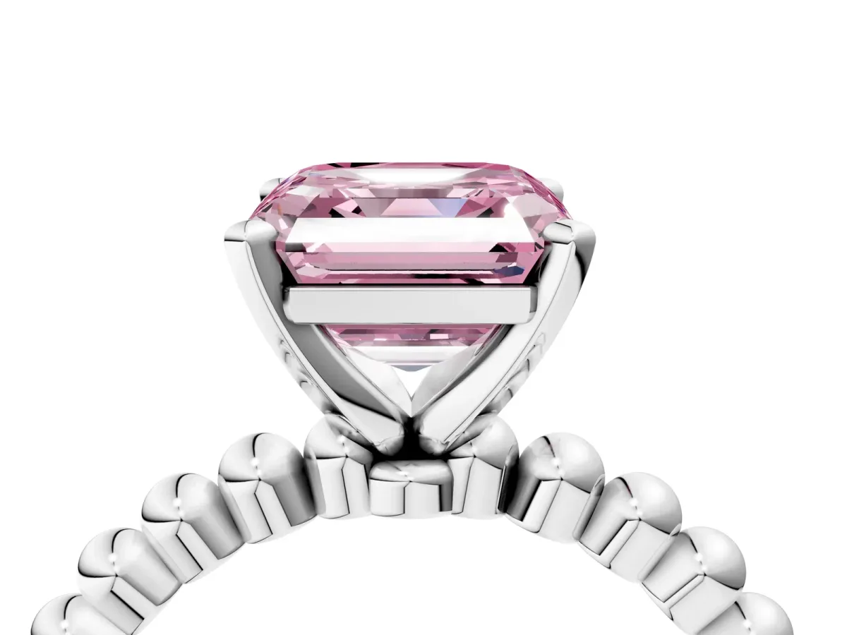 Fancy Pink Asscher Cut Diamond Solitaire Ring with Beaded Band and Prong Setting Platinum