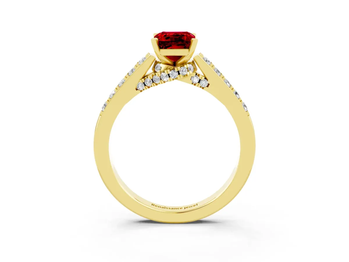 Emerald Cut Ruby Solitaire Ring with Crossover Gallery and Round Pavé Band Yellow gold