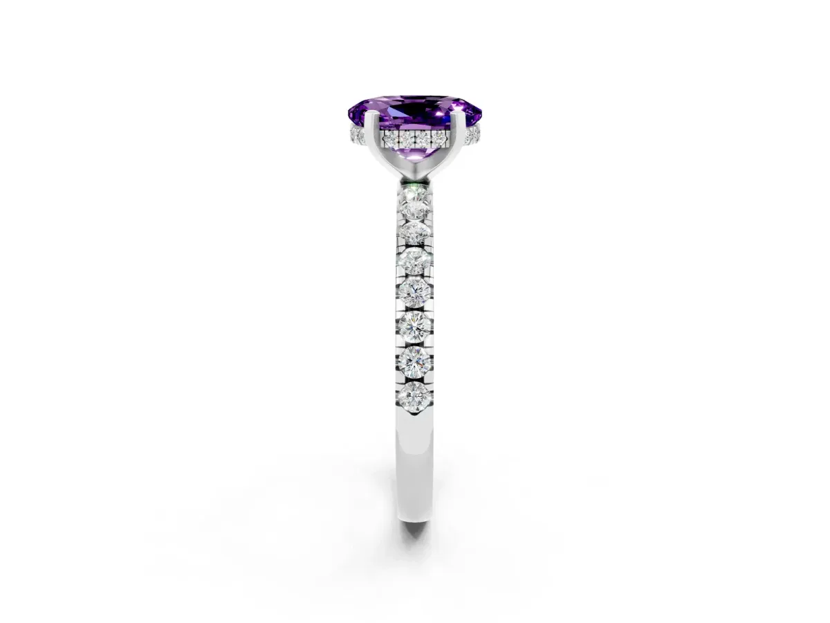 Oval Cut Amethyst Solitaire Ring with Round Pavé Band and Four-Prong Setting Platinum