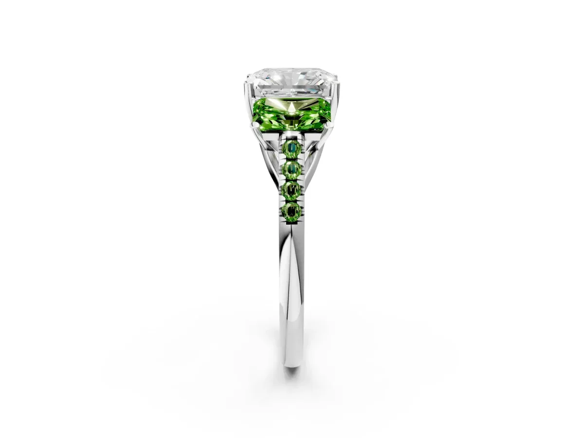 Three-Stone Radiant Cut Diamond Ring with Round Peridot Pavé Band and Prong Setting Silver
