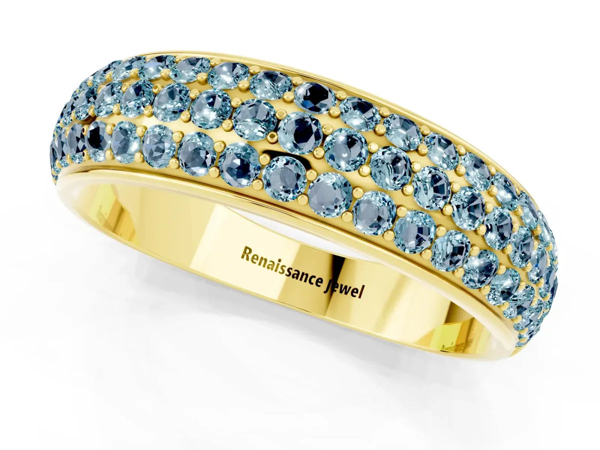 Three-Row Round Aquamarine Eternity Band with Shared Prong Setting Yellow gold