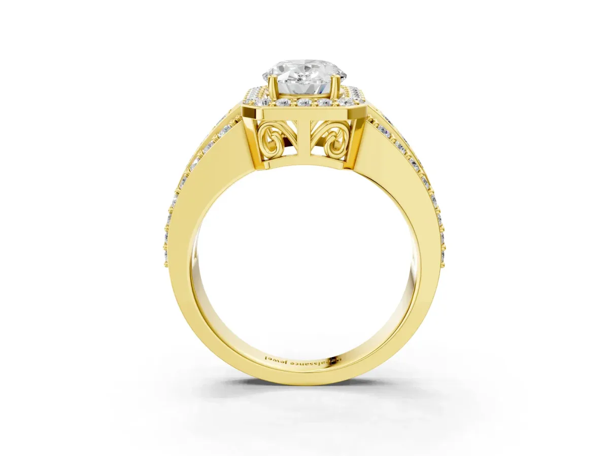 Oval Cut Halo Diamond Ring with Round Split Shank and Prong Setting Yellow gold