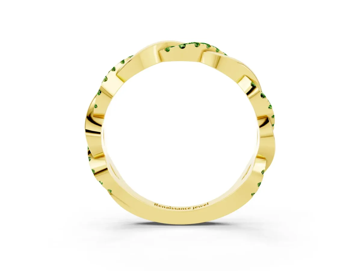 Pavé Round Peridot Twist Eternity Band with Shared Prong Setting Yellow gold