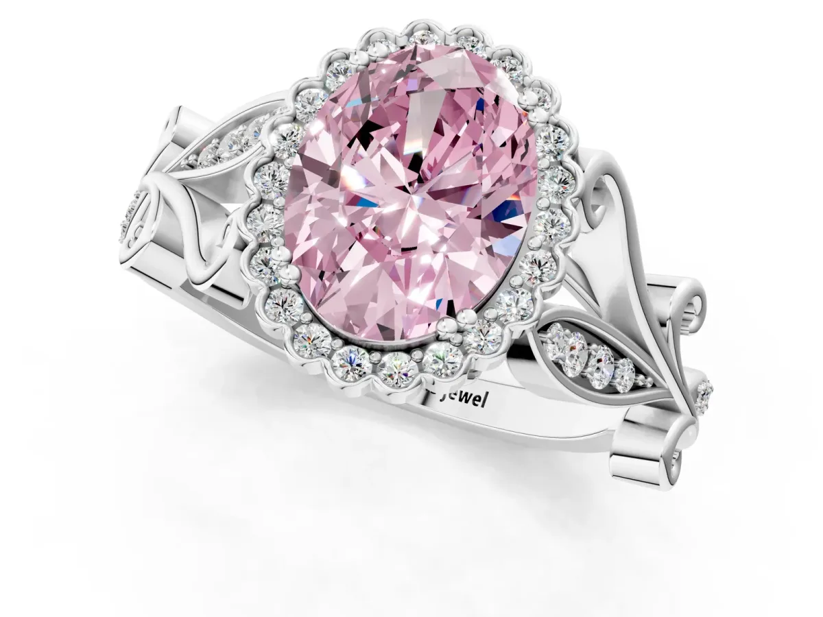 Fancy Pink Oval Cut Diamond Halo Ring with Vintage Split Shank and Four-Prong Setting Silver