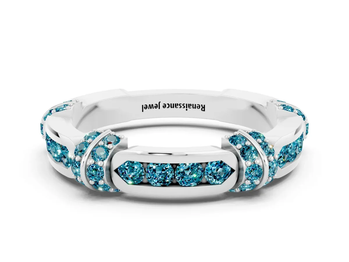 Pavé Round Blue Topaz Link Band with Bezel Setting Silver