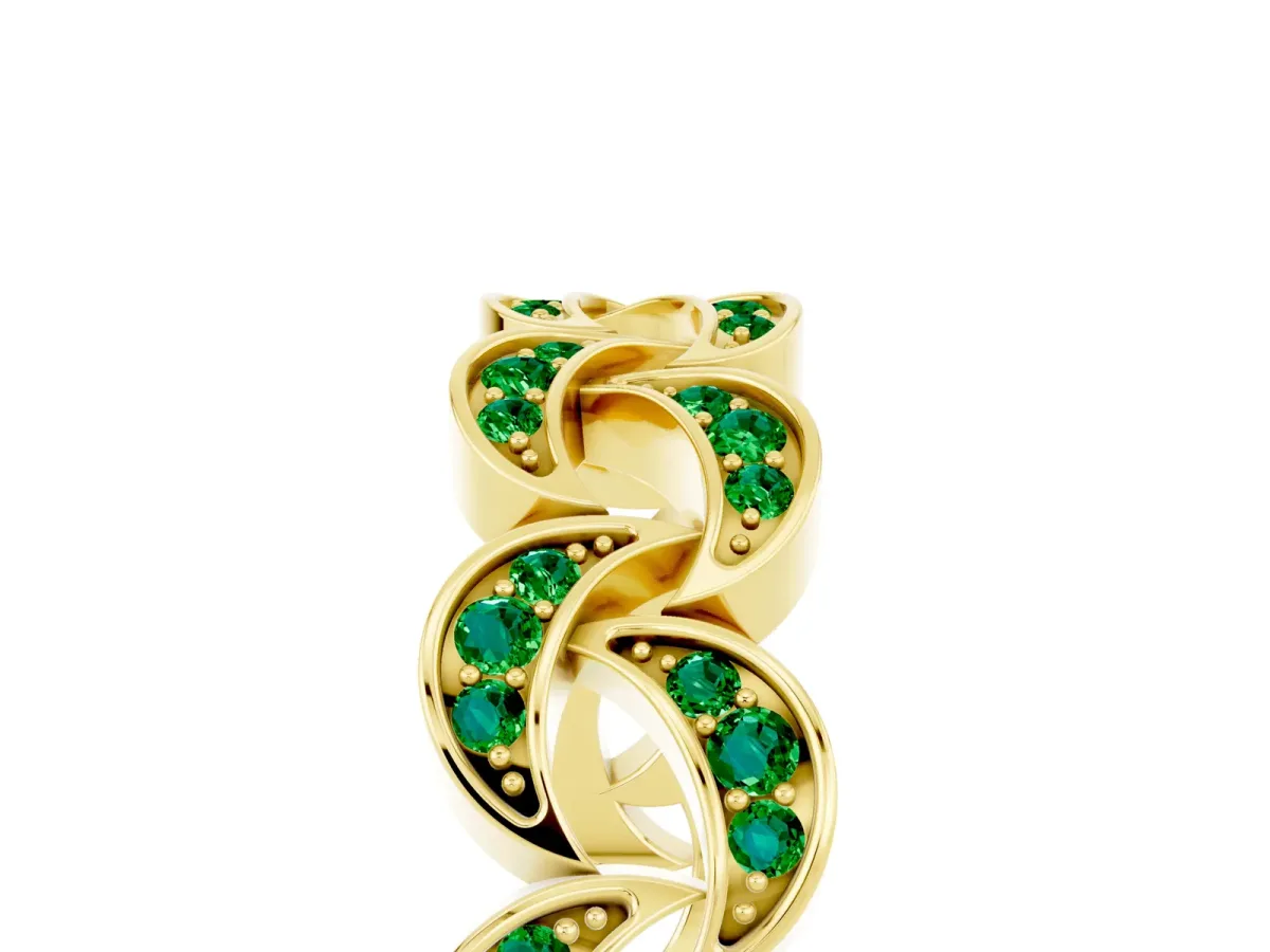 Pavé Round Emerald Interlocking Eternity Band with Bezel Prong Setting Yellow gold