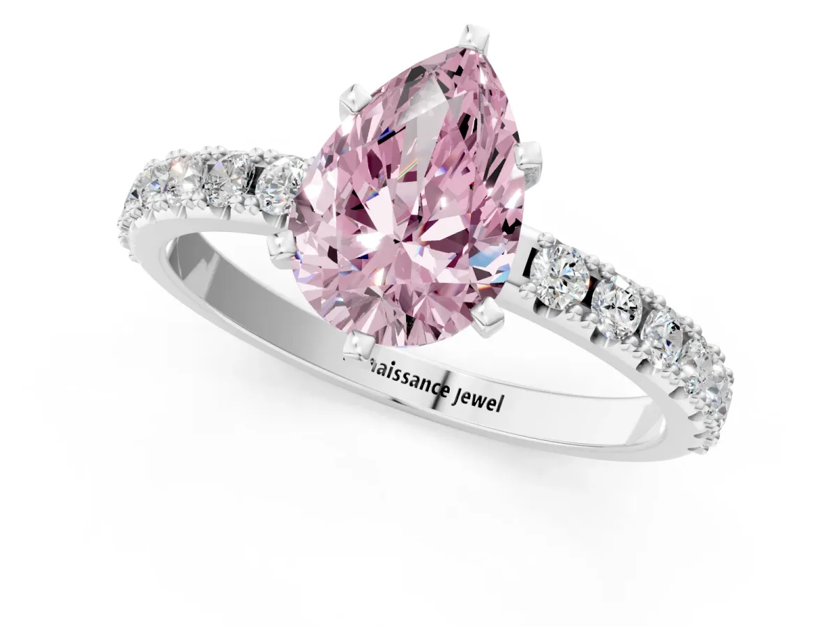 Fancy Pink Pear Cut Diamond Solitaire Pavé Band with Four-Prong Setting Silver