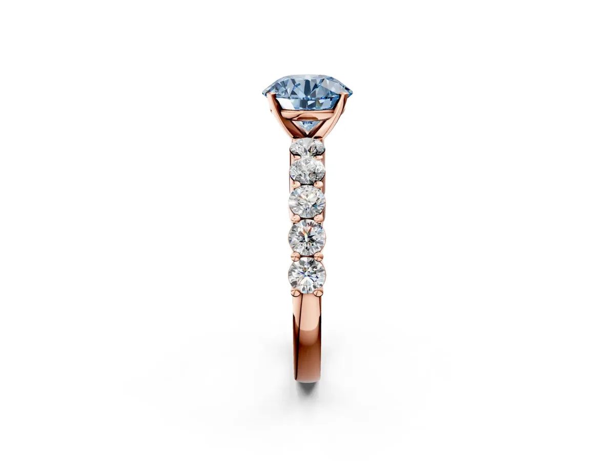 Fancy Blue Round Cut Diamond Solitaire Ring with Shared Prong Round Side Stones Rose gold