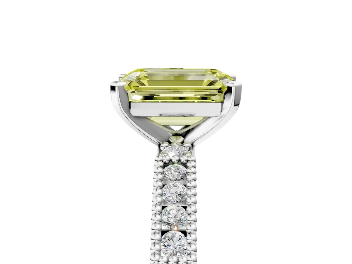 Fancy Yellow Emerald Cut Solitaire with Pavé Band and Four-Prong Setting Silver