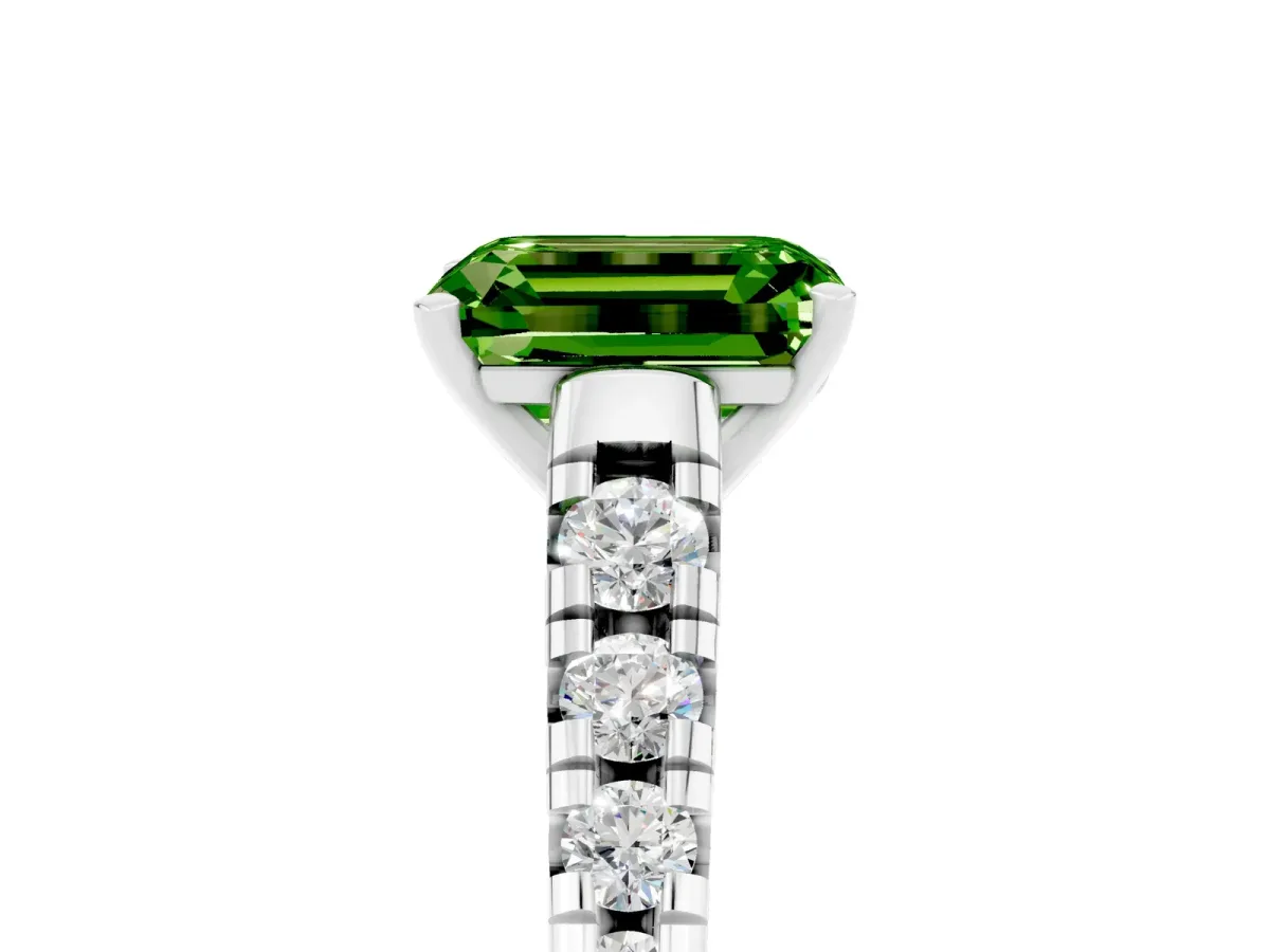 Emerald Cut Peridot Cathedral Solitaire Ring with Round Pavé Band Silver