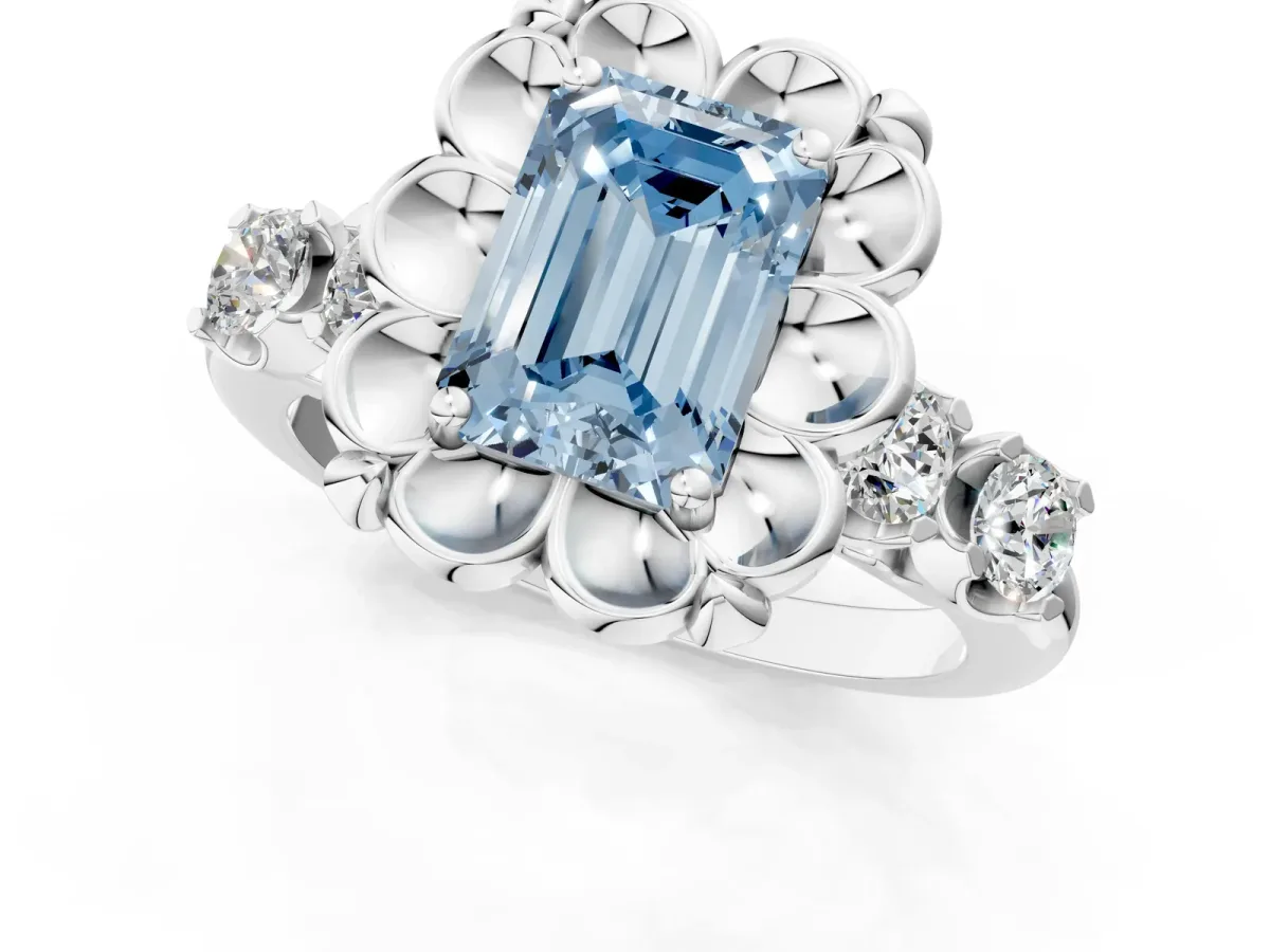 Fancy Blue Emerald Cut Cut Diamond Floral Halo Engagement Ring with Shared Prong Setting Silver