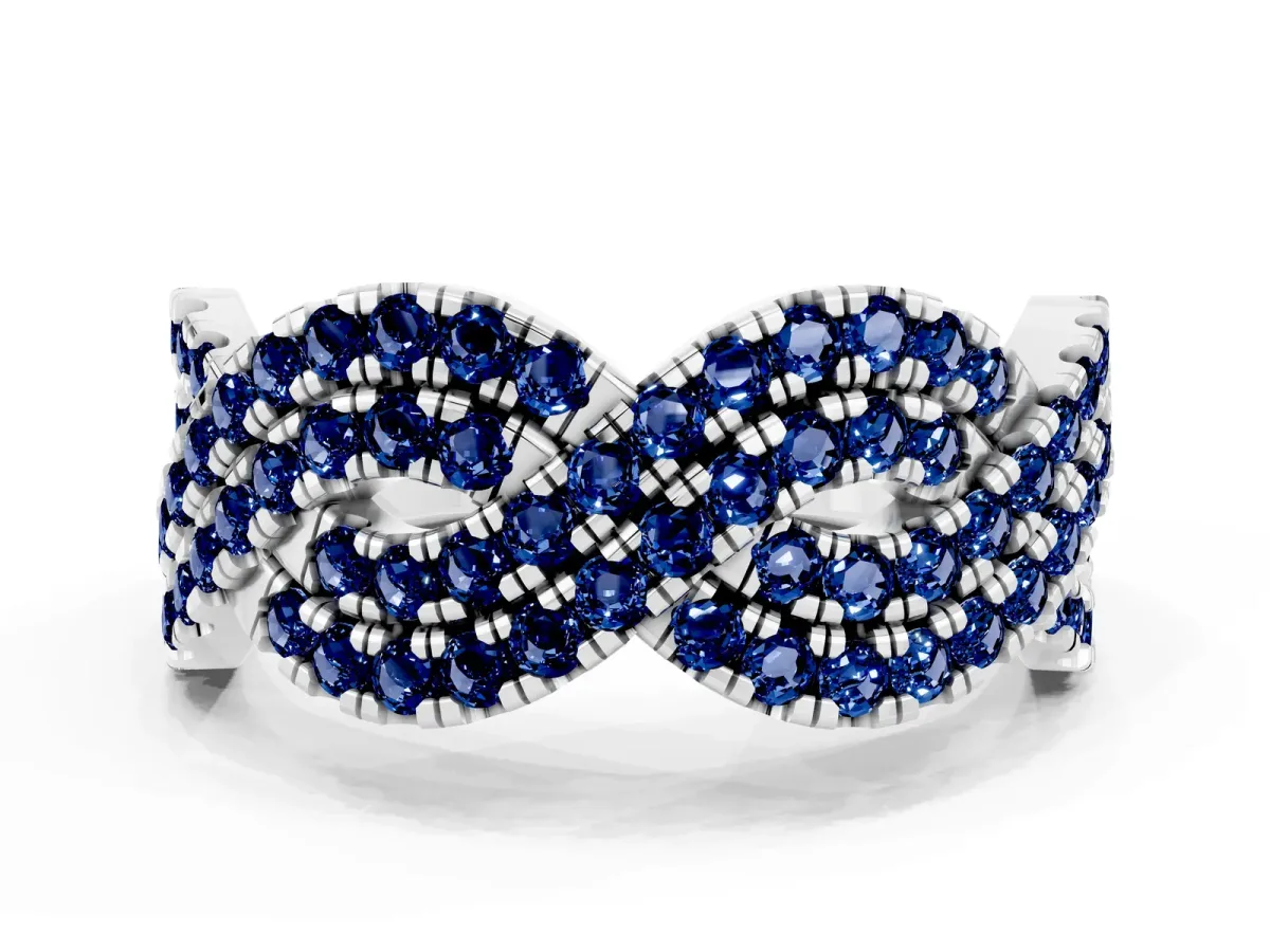 Pavé Round Blue Sapphire Infinity Twist Band with Shared Prong Setting Platinum