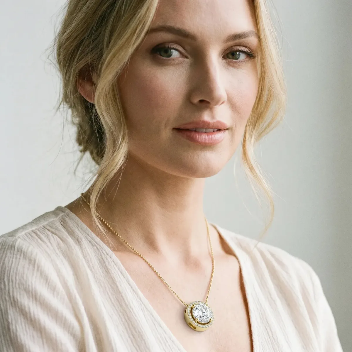 Round Halo Prong Set Pendant Yellow gold