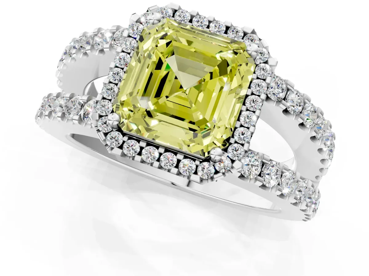 Fancy Yellow Asscher Cut Cut Halo Split Shank Diamond Ring with Four-Prong Setting Platinum