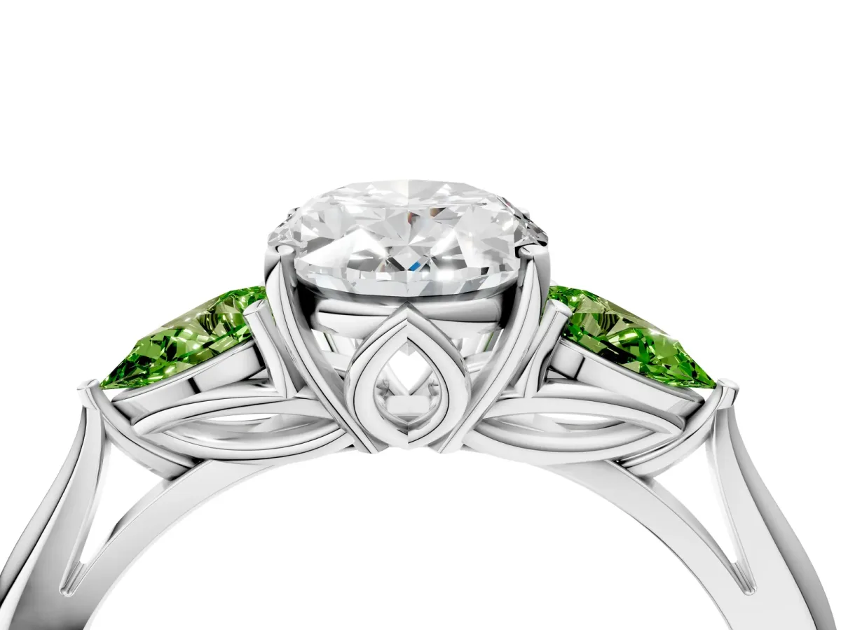 Oval Cut Diamond Three-Stone Ring with Pear Peridot Side Stones and Prong Setting Silver