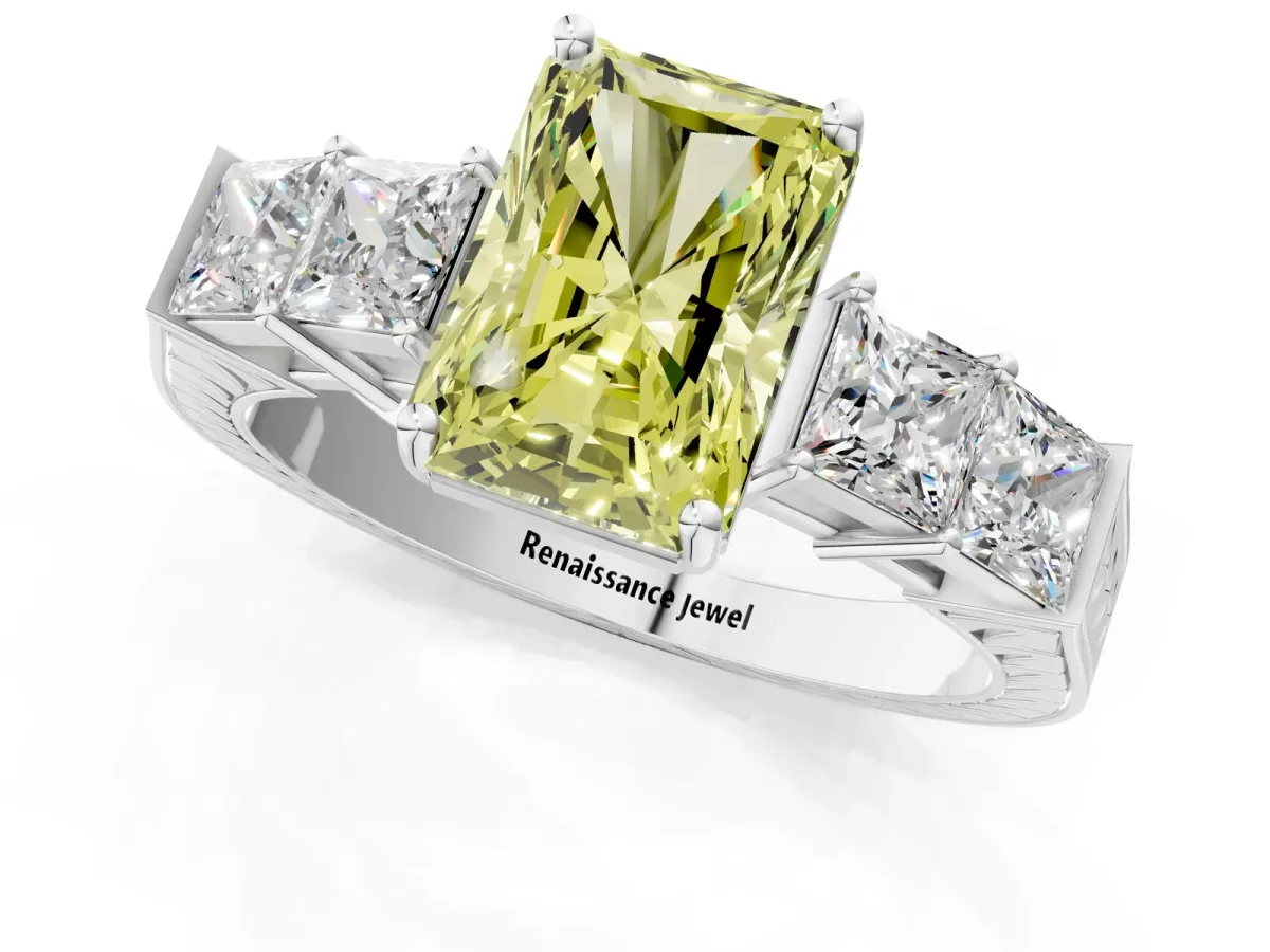 Fancy Yellow Radiant Cut Solitaire Princess Side Stone Engraved Band Prong Setting Ring Silver
