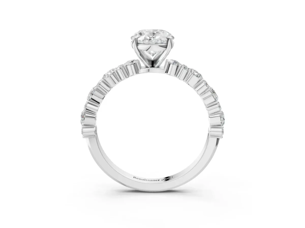 Oval Cut Diamond Side Stone Solitaire Ring with Round Moissanite and Four-Prong Setting Silver