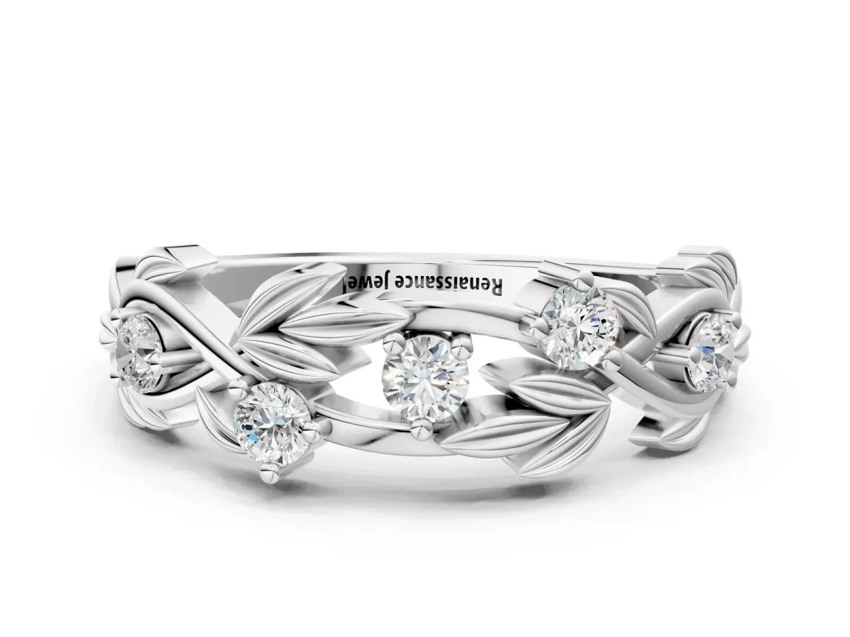 Round Diamond Leaf Motif Band with Prong Setting Silver