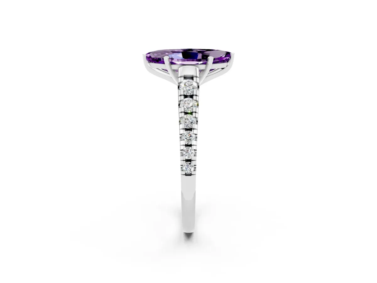 Marquise Cut Amethyst Cathedral Solitaire Ring with Round Pavé Band Platinum