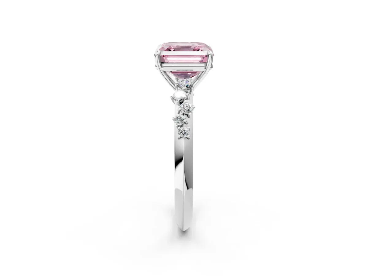 Fancy Pink Asscher Cut Diamond Cluster Side Stone Solitaire Ring with Prong Setting Platinum